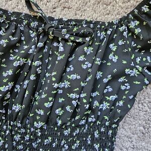 🌸Black Floral Off-Shoulder Smocked Dress with Blue & Green Flowers